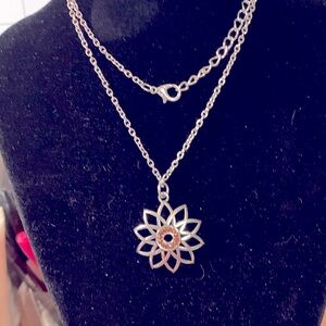 Silver Flower Pendant with Amber stones in the center